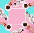 Frame for text white flowers of coffee on a pink, blue background. Good morning. Congratulations. Four cups. Empty space