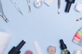 Frame from tools and materials for manicure flat lay with copy space. Creative manicure backgtound Royalty Free Stock Photo
