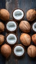 Frame Top view photo of fresh coconuts on an aged wooden background Royalty Free Stock Photo