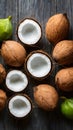 Frame Top view photo of fresh coconuts on an aged wooden background Royalty Free Stock Photo