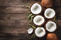 Frame Top view photo of fresh coconuts on an aged wooden background Royalty Free Stock Photo