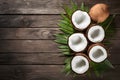 Frame Top view photo of fresh coconuts on an aged wooden background Royalty Free Stock Photo