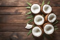 Frame Top view photo of fresh coconuts on an aged wooden background Royalty Free Stock Photo