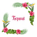 Frame with tropical leaves and flowers. Palms branches, bird of paradise flower, hibiscus Royalty Free Stock Photo