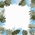 Frame with tropical leaves in green and blue. Can be used to design sites, albums, invitations, cards. Monstera, palm trees, tropi