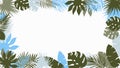 Frame with tropical leaves in green and blue. Can be used to design sites, albums, invitations, cards. Monstera, palm trees, tropi