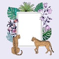 Frame from tropical leaves of Monstera, Palms. Flowers Bluebells. Leopards. Vector stock illustration eps10.