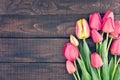 Frame of tulips on dark rustic wooden background. Spring flowers Royalty Free Stock Photo