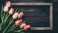 Frame of tulips on dark rustic wooden background for spring Royalty Free Stock Photo