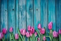 Frame of tulips on turquoise rustic wooden background. Spring flowers. Neural network AI generated Royalty Free Stock Photo