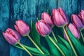 Frame of tulips on turquoise rustic wooden background. Spring flowers. Neural network AI generated Royalty Free Stock Photo