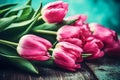 Frame of tulips on turquoise rustic wooden background. Spring flowers. Neural network AI generated Royalty Free Stock Photo