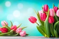 Frame of tulips on turquoise rustic wooden background. Spring flowers. Neural network AI generated Royalty Free Stock Photo