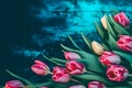 Frame of tulips on turquoise rustic wooden background. Spring flowers. Neural network AI generated Royalty Free Stock Photo