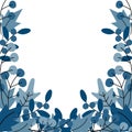 Frame of twigs and leaves with bottom and side borders in trendy blue. Design concept for greetings