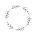 Frame of twigs with leaves. Simple round wreath, linear style. Floral border, decorative design element for logo, holiday