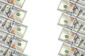 A frame of two rows of bills of one hundred dollars. White background on center line Royalty Free Stock Photo