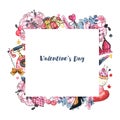 Frame for Valentine`s Day. Watercolor wreath with flowers and hearts. Royalty Free Stock Photo