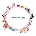 Frame for Valentine`s Day. Watercolor wreath with flowers and hearts. Royalty Free Stock Photo