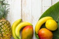 Frame from variety of tropical fruits pineapple mango bananas lemons on green palm leaf on white planked wood table. Healthy diet