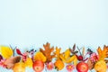 A frame of various colorful autumn fruits and leaves over light blue background Royalty Free Stock Photo