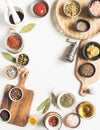 Frame of various dry spices and sauces on a light background. Flat lay of small bowls with dijon mustard, olive oil, ketchup, Royalty Free Stock Photo