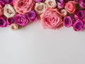 Frame of various fresh pink roses. mixed rose bouquet for a wedding. Copy space. Top view Royalty Free Stock Photo