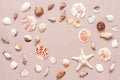 Frame from various seashells on a beige background. Abstract beach background. Top view, flat lay