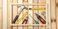 Frame with various tools on wooden background. Construction concept with copyspace Royalty Free Stock Photo