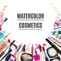 Frame of various watercolor decorative cosmetic. Makeup products Royalty Free Stock Photo