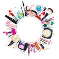 Frame of various watercolor decorative cosmetic. Makeup products Royalty Free Stock Photo