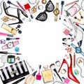 Frame of various watercolor female accessories. Makeup products