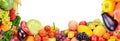 Frame of vegetables and fruits on white background. Free space for text. Panoramic collage