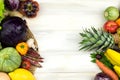 FRAME OF VEGETABLES AND FRUITS ON WHITE WOODEN BACKGROUND. COPY Royalty Free Stock Photo