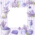 Frame violet stripes lavender flowers, essential oil, cosmetics, soap. Hand drawn watercolor illustration isolated on Royalty Free Stock Photo