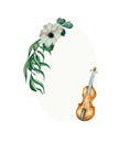 Frame of violin and flowers anemone watercolor illustration on white background.