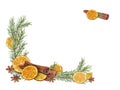 Frame of watercolor Christmas dry orange slices, cinnamons sticks, star anise and spruce branches. Citrus, evergreen, spice,