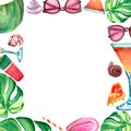 frame watercolor illustrations shells, cocktail, coconut, sunglasses, tropical leaf, parrot isolated white background