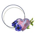 Frame watercolor pink lilac hear with blue anemone for Happy Valentines Day card or t-shirt design. Romance