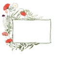 Frame of watercolor poppies and meadow plants