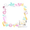 Frame from a watercolor sewing kit. Hangers, buttons, threads, ribbon, sewing machine, needlework, embroidery, scissors. Royalty Free Stock Photo