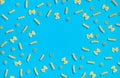 Frame from wheat pasta on blue background Royalty Free Stock Photo