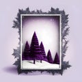 Frame on a white background with tall Purple Pines in the snow. Xmas tree as a symbol of Christmas of the birth of the Savior