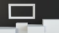 Frame with white cube podium on blank wall background. 3D rendering.