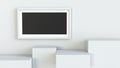 Frame with white cube podium on blank wall background. 3D rendering.