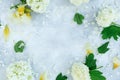 Frame of white hydrangea and yellow iris on gray background. Flat lay Royalty Free Stock Photo