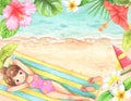 Frame of women sunbathing and tropical flowers. With a beach view from the top as a background Royalty Free Stock Photo