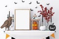 Frame wood mockup halloween on fireplace Royalty Free Stock Photo