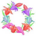 468 frame, Wreath with bright flowers lilies for greetings, vector illustration