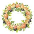 Frame-a wreath of pumpkin and black berries with green leaves. Watercolor vector